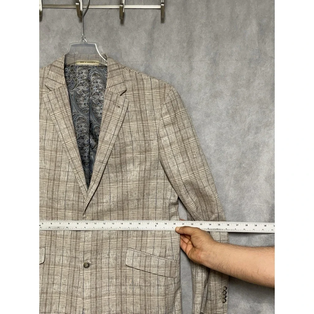 Joseph Abboud Blazer Men 42L Tan Plaid Slim Linen Cotton Casual Sport Coat Luxe